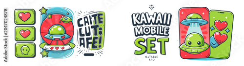 Kawaii Mobile Gaming Sticker Set with Cute UFO, Hearts, Streamer Icons and Cartoon App Elements Vector Illustration