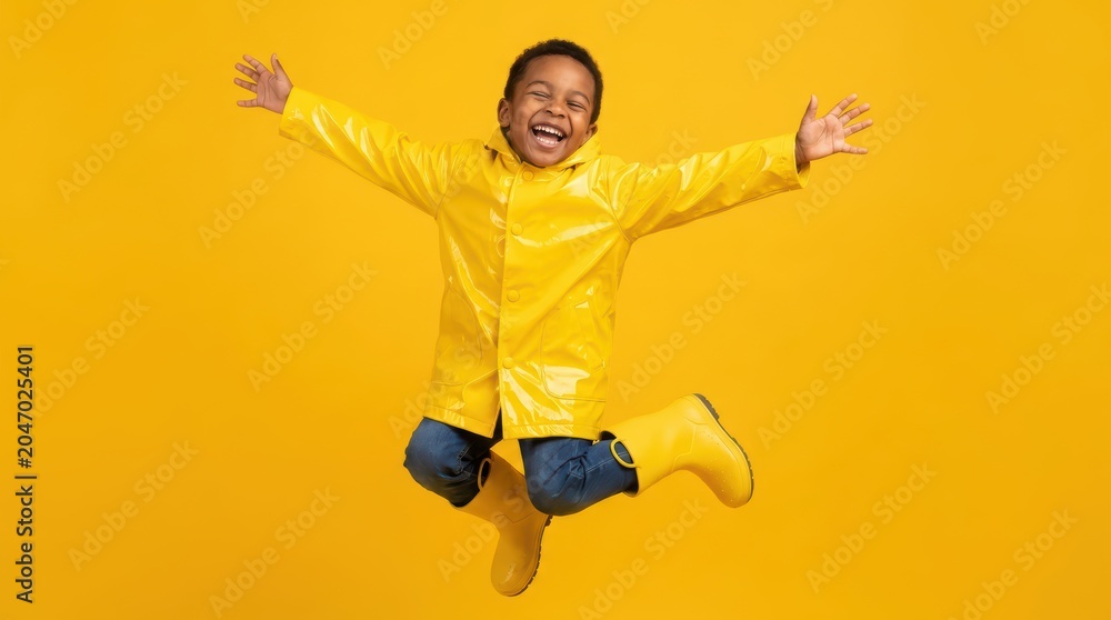 Obraz premium Happy African American Boy Jumping in Yellow Raincoat and Boots