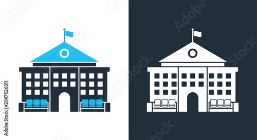University campus building vector icon set: Glyph and solid icon set - Icon vector - logo icons. Blue, Black and white icons