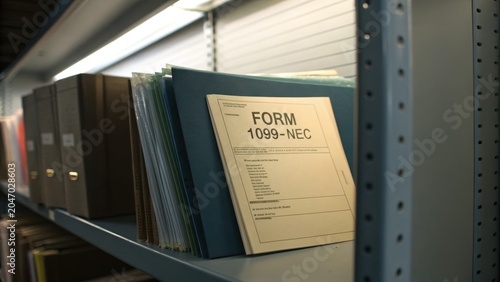 Tax Form 1099-NEC on Shelf in Organized Office Filing System
