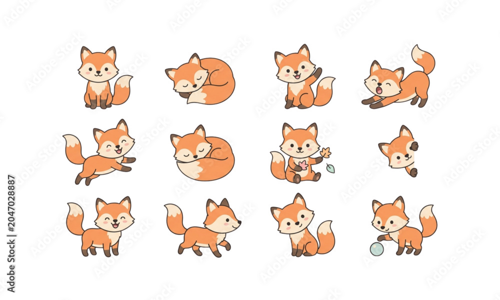 Fototapeta premium Cute fox cartoon character collection, adorable woodland animal poses playful vector illustration set design