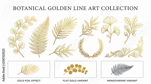 Foto Botanical Golden Line Art Collection: Leaves, Branches, Wreath, Ginko, Fern