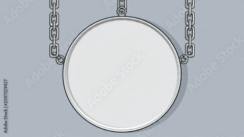 Empty Round Mirror with Metal Chain Frame Hanging on Light Gray Wall