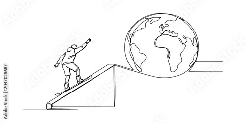 Schilderij op canvas Snowboarder on ramp approaching the earth globe, one line drawing