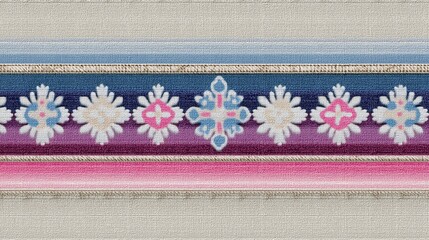 Colorful striped fabric pattern with intricate floral geometric border design