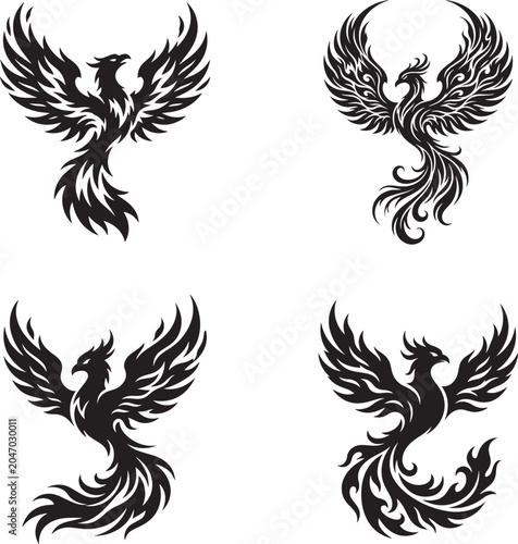 Vector set of heraldic phoenix wings and tribal decorative tattoo design elements featuring birds, flowers, leaves, dragons, and vintage ornamental patterns in black style
