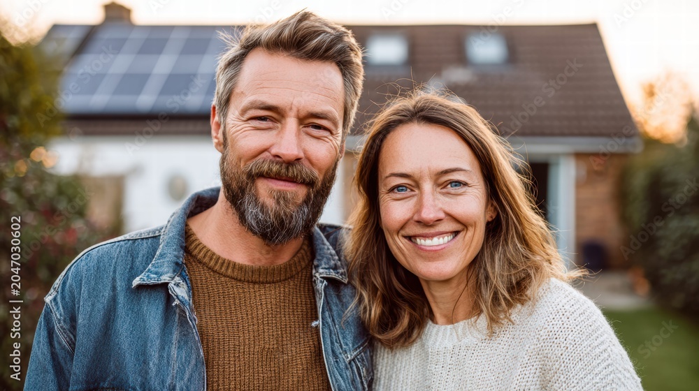 Naklejka premium Happy couple smiling in front of their home