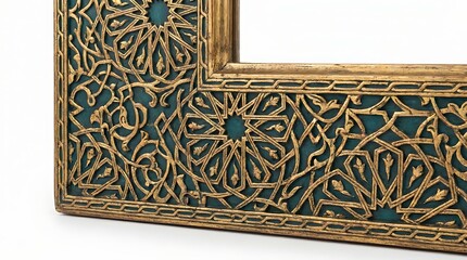 Intricate gold, ornate frame corner, floral pattern, dark green background