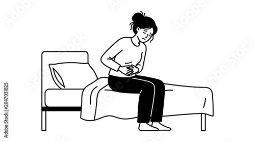 Woman experiencing stomach pain on bed.