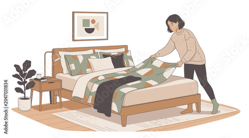 Woman making bed in bedroom.