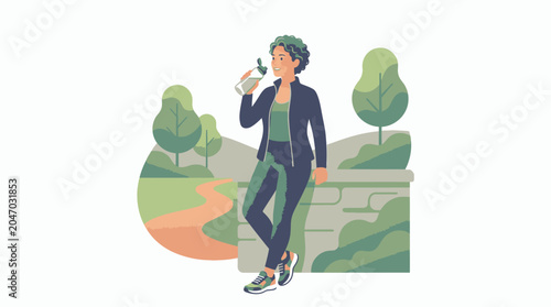 Woman Drinking Coffee Outdoors Leisurely.