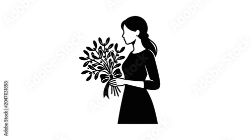 Woman Holding Bouquet of Flowers Silhouette.