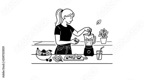 Woman making smoothie with blender.