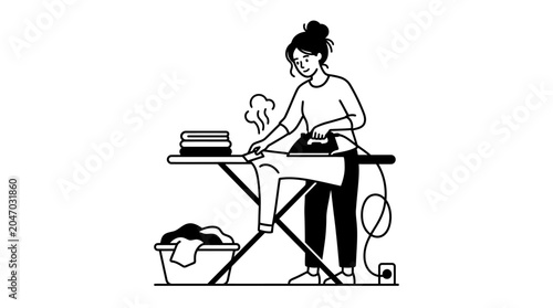 Woman ironing clothes on ironing board.