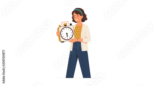 Woman holding a large clock.