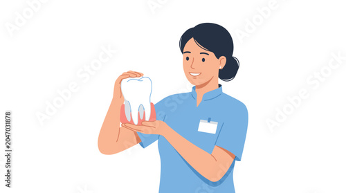 Woman holding a model tooth.