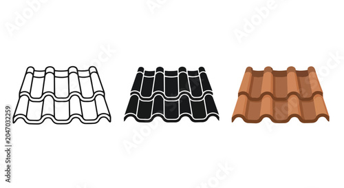 3 modern roof tile icons set outline - logo icons vector set. Blue, Black and white icons