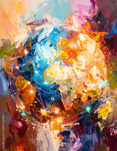 Abstract contemporary painting vector illustration with textured orange, red, and blue paint splashes
