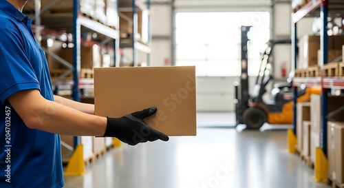 Worker in blue shirt wearing black gloves holding cardboard box in warehouse