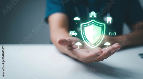Medical Insurance and Healthcare Concept: Luminous Green Holographic Shield and Healthcare Icons Over Doctor's Hand