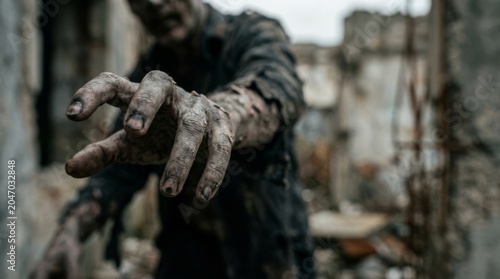 Close-up of a monstrous dirty hand reaching forward in a ruined, apocalyptic building setting