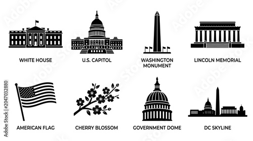 Washington DC Landmarks Vector Icons White House Capitol Building Washington Monument Lincoln Memorial Jefferson Memorial Cherry Blossoms Skyline American Flag Cultural Design Collection