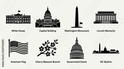 Washington DC Landmarks Vector Icons White House Capitol Building Washington Monument Lincoln Memorial Jefferson Memorial Cherry Blossoms Skyline American Flag Cultural Design Collection