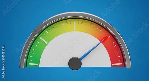 Speedometer gauge needle in red zone on blue background