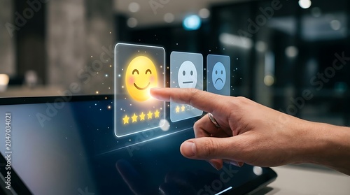 Customer satisfaction rating on digital tablet, hand touching happy face emoji icon, five star feedback and user experience concept