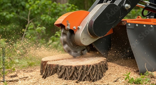 Orange mechanical stump grinder cutting tree stump in forest setting