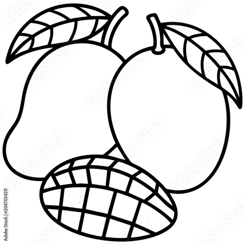 Minimal Mango Trio Line Drawing With Two Whole Mangoes and Sliced Cross Section Illustration Isolated on a Transparent or White Background