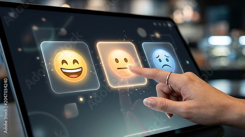 Customer feedback survey on digital tablet, hand selecting neutral emoji icon, user experience rating and satisfaction review interface