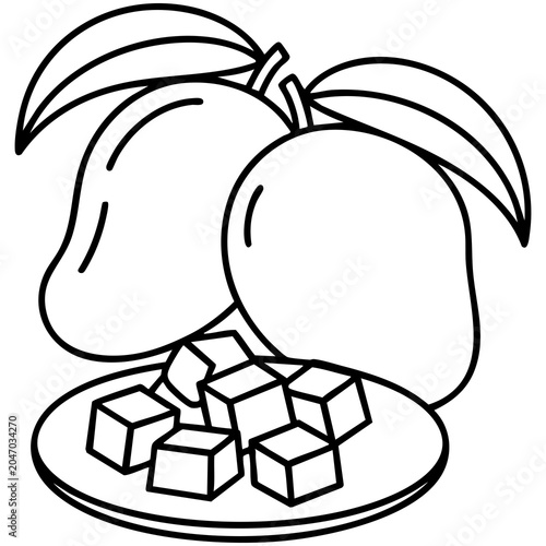 Minimal Mango Line Drawing With Two Whole Fruits and Plate of Cubed Mango Illustration Isolated on a Transparent or White Background