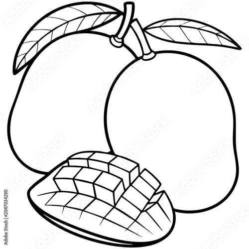 Simple Mango Line Art Illustration With Whole and Sliced Views and Bold Continuous Lines Isolated on a Transparent or White Background