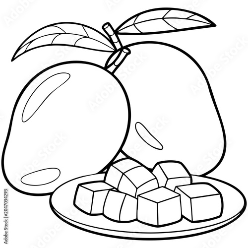 Black Mango Illustration With Leaves Stems and Diced Fruit Plate Composition Isolated on a Transparent or White Background