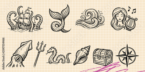 Valokuva Black ink scribble doodle vector vintage hand drawn set of sailing boat yacht ma