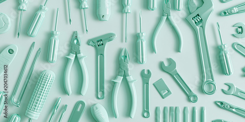 monochromatic mint tool collection floating arrangement, organized pastel mint hand tools isolated on background, minimal floating hardware tools set in mint tone