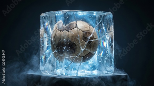 Soccer ball inside cracked ice cube with swirling smoke on dark moody background