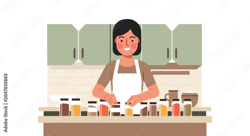 Fototapeta premium Woman arranging jars of spices in a kitchen
