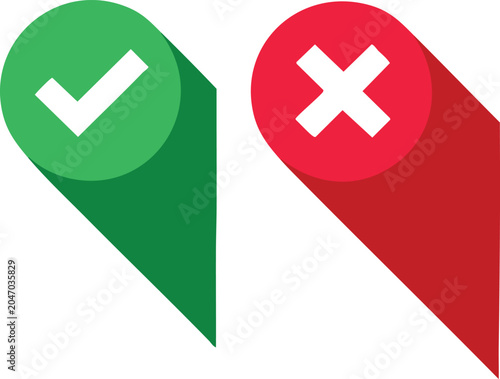 Green Check Mark and Red Cross Flat Vector Icon Set