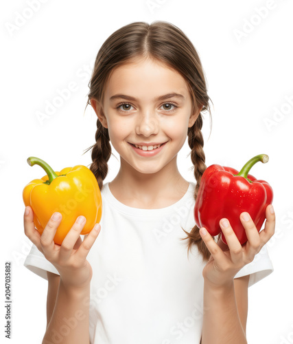 Girl Holding Red and Yellow Bell Peppers