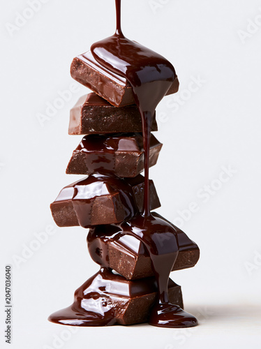 chocolate sauce drips with chocolate pieces stacked on top of each other