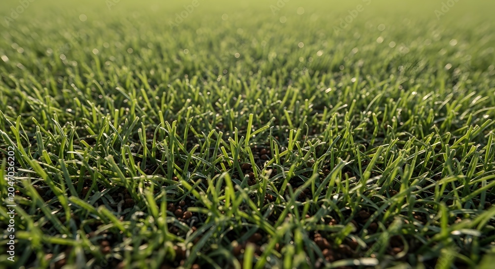 Fototapeta premium Newly sprouted wheat field with irrigation system close up view of emerging crops