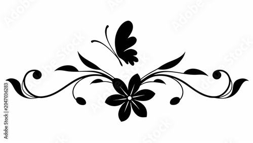 Black floral vector design with butterfly and leaves on transparent background