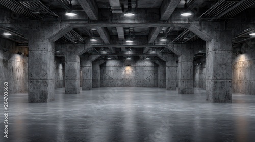Massive industrial underground chamber featuring numerous structural support columns and overhead illumination