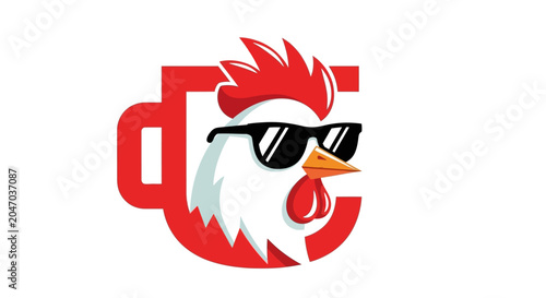 Foto Cool rooster head with sunglasses inside red coffee mug.
