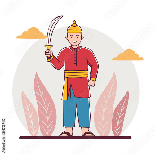 Flat design illustration of a man in traditional clothing holding a