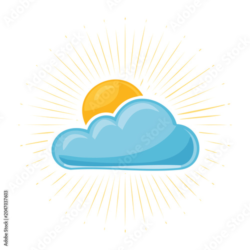 Sun behind a blue cloud with rays on white background