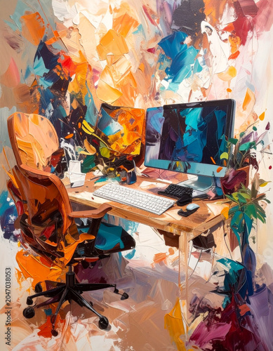 Artistic graphic designer studio workspace vector background with dual monitors and abstract paint textures