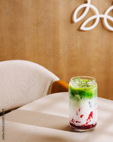 Colorful drink sits on a table in a cafe with simple decor